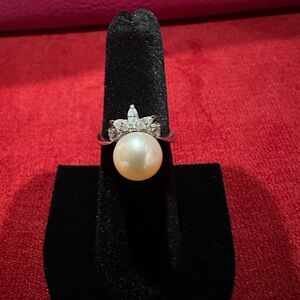 Pearl with White Stones Silver Ring